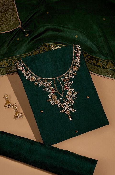 Dark Green Pure Viscose Embroidered Unstitched Suit Set