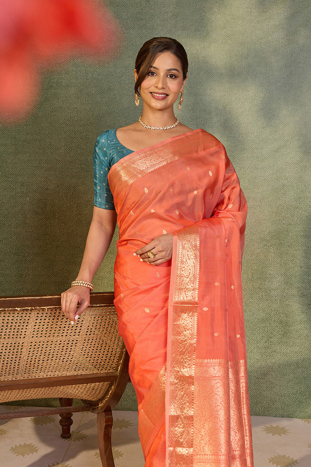 Orange Silk Viscose Kadwa Banarasi Saree image number null