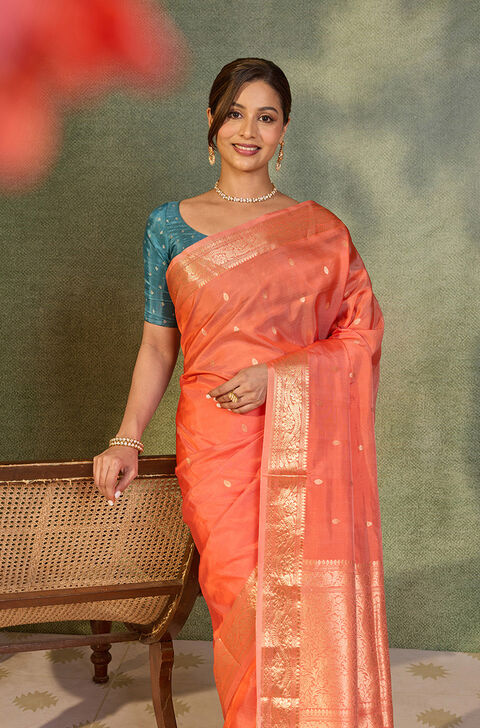Orange Silk Viscose Kadwa Banarasi Saree