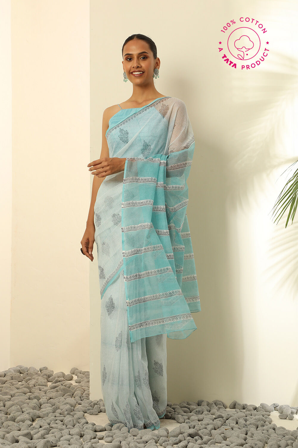 Blue Pure Cotton Kota Bagru Block Printed Saree image number null