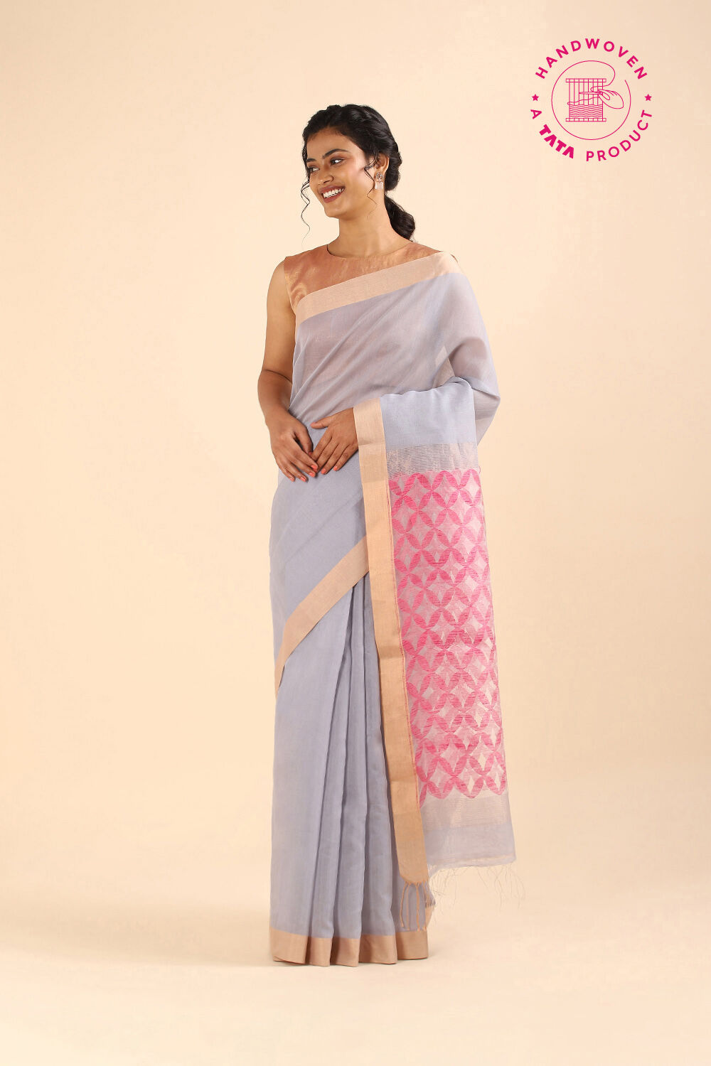 Grey Pure Silk Cotton Bengal Saree image number null