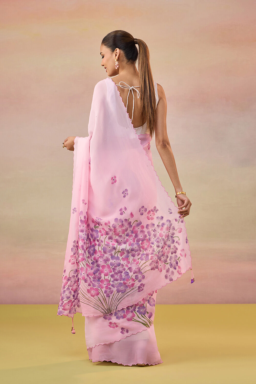 Pink Hand Painted Embroidered Viscose Organza Bengal Saree image number null