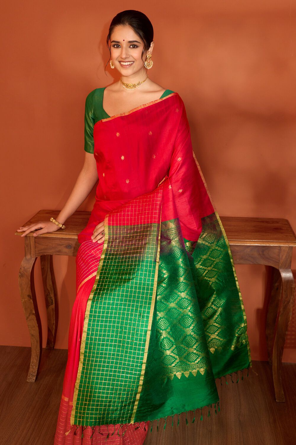 Red Woven Pure Silk Tussar Saree image number null
