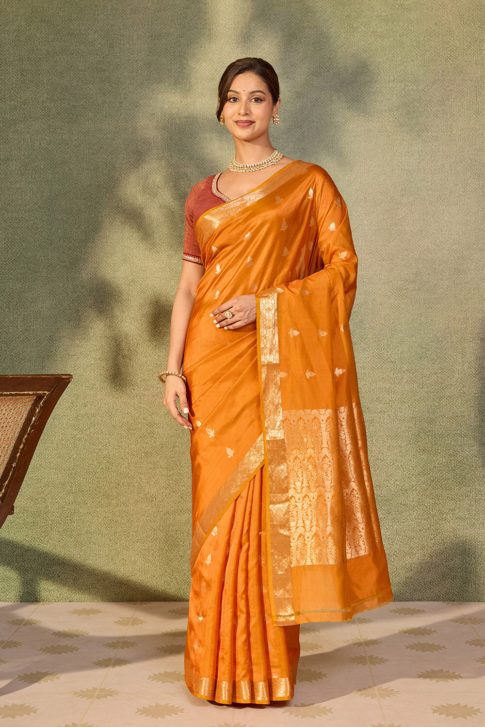 Dark Orange Silk Viscose Cutwork Banaras  Saree image number null