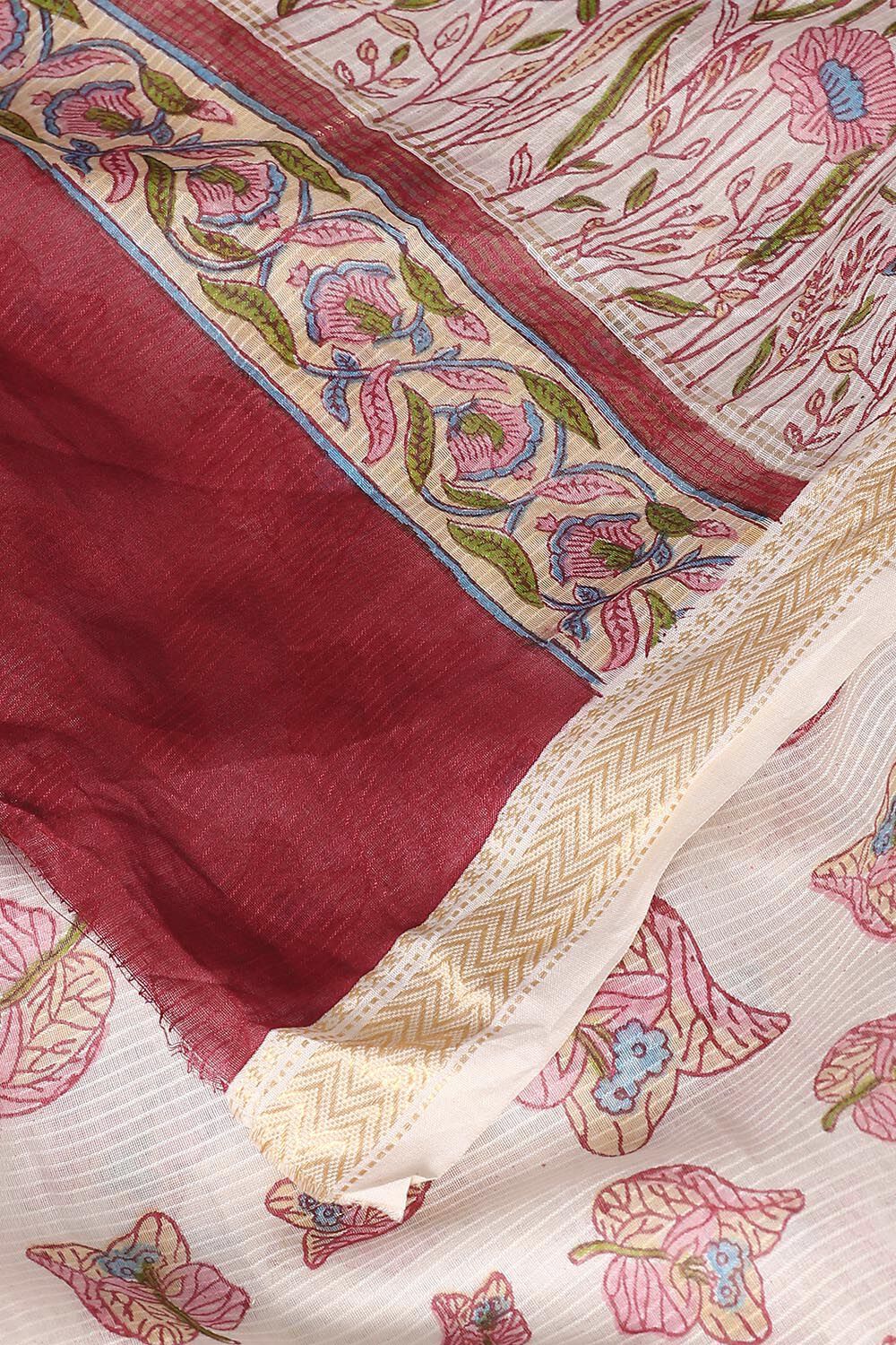 Off White Pure Silk Cotton Sanganeri Printed Saree image number null