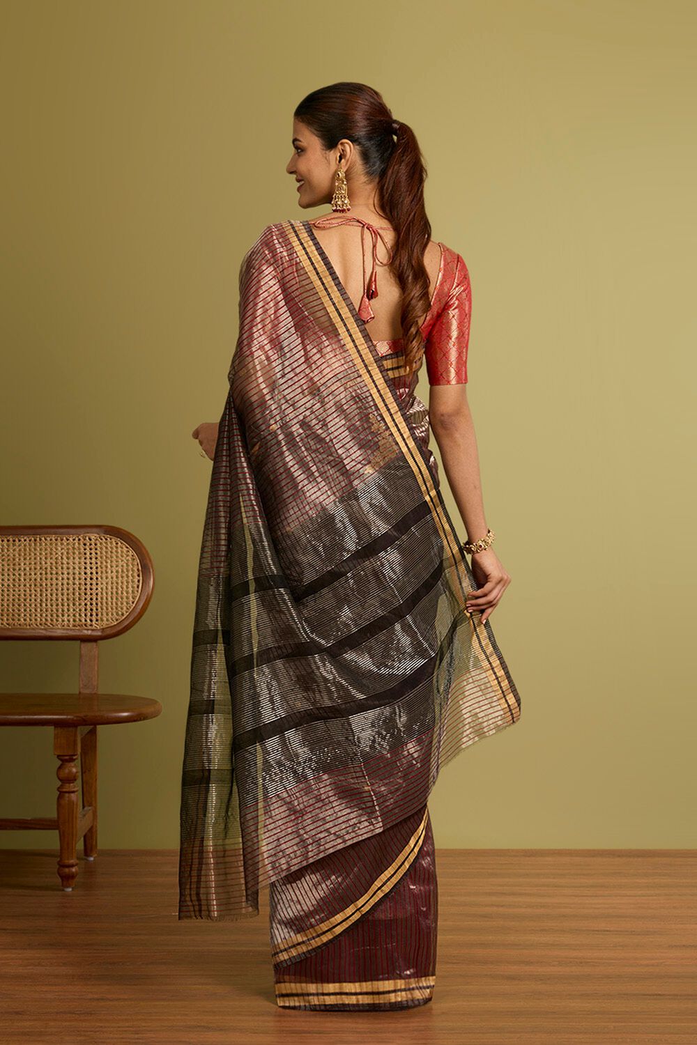 Dark Red Woven Pure Silk Tissue Chanderi Saree image number null
