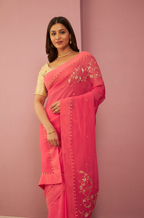 Pink Viscose Organza Gota Patti Saree