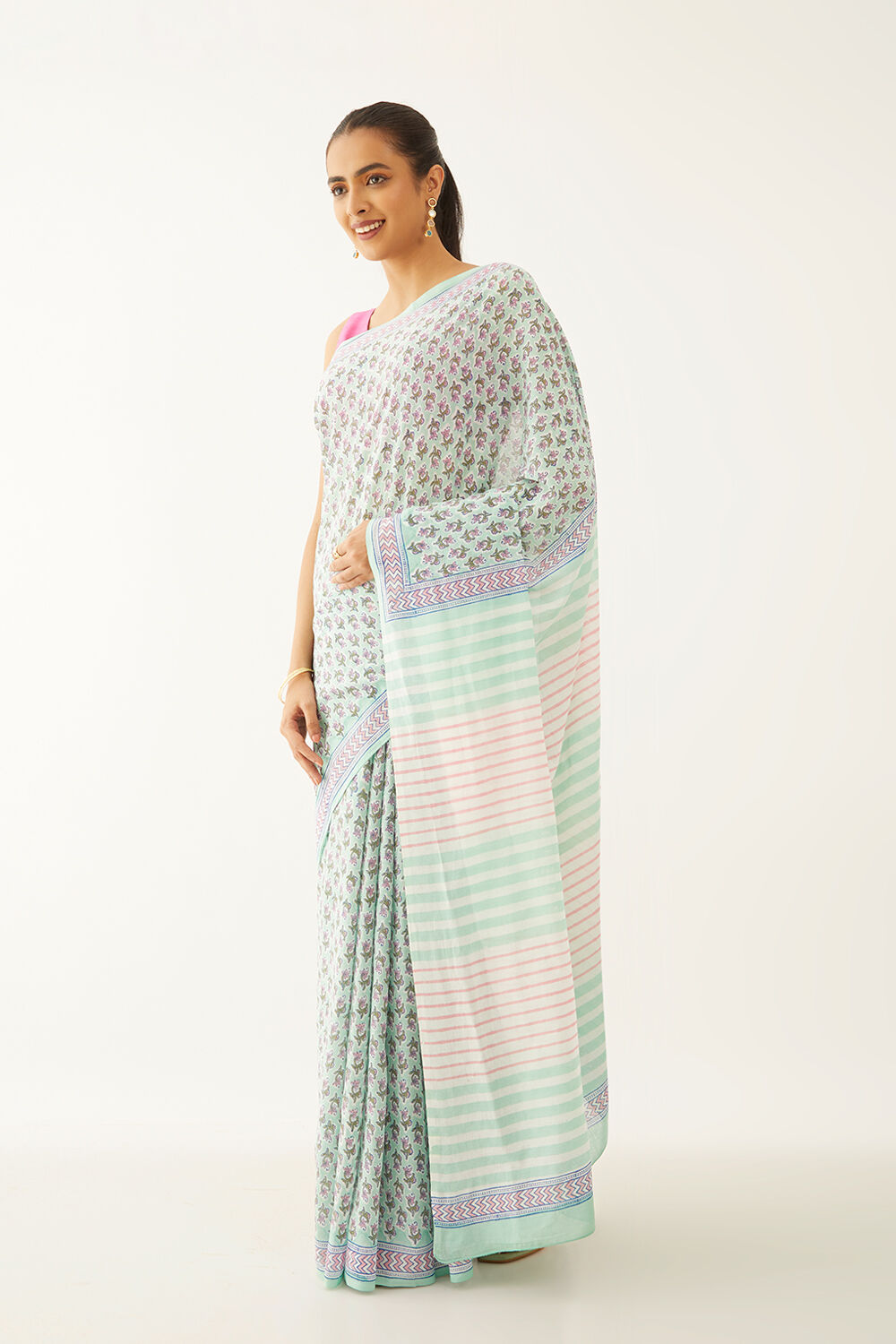 Light Green Pure Cotton Block Print Saree image number null