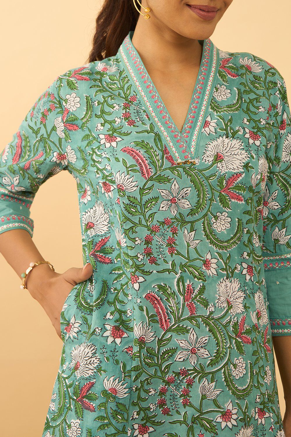 Light Blue Pure Cotton Printed Sanganeri Kurta image number null