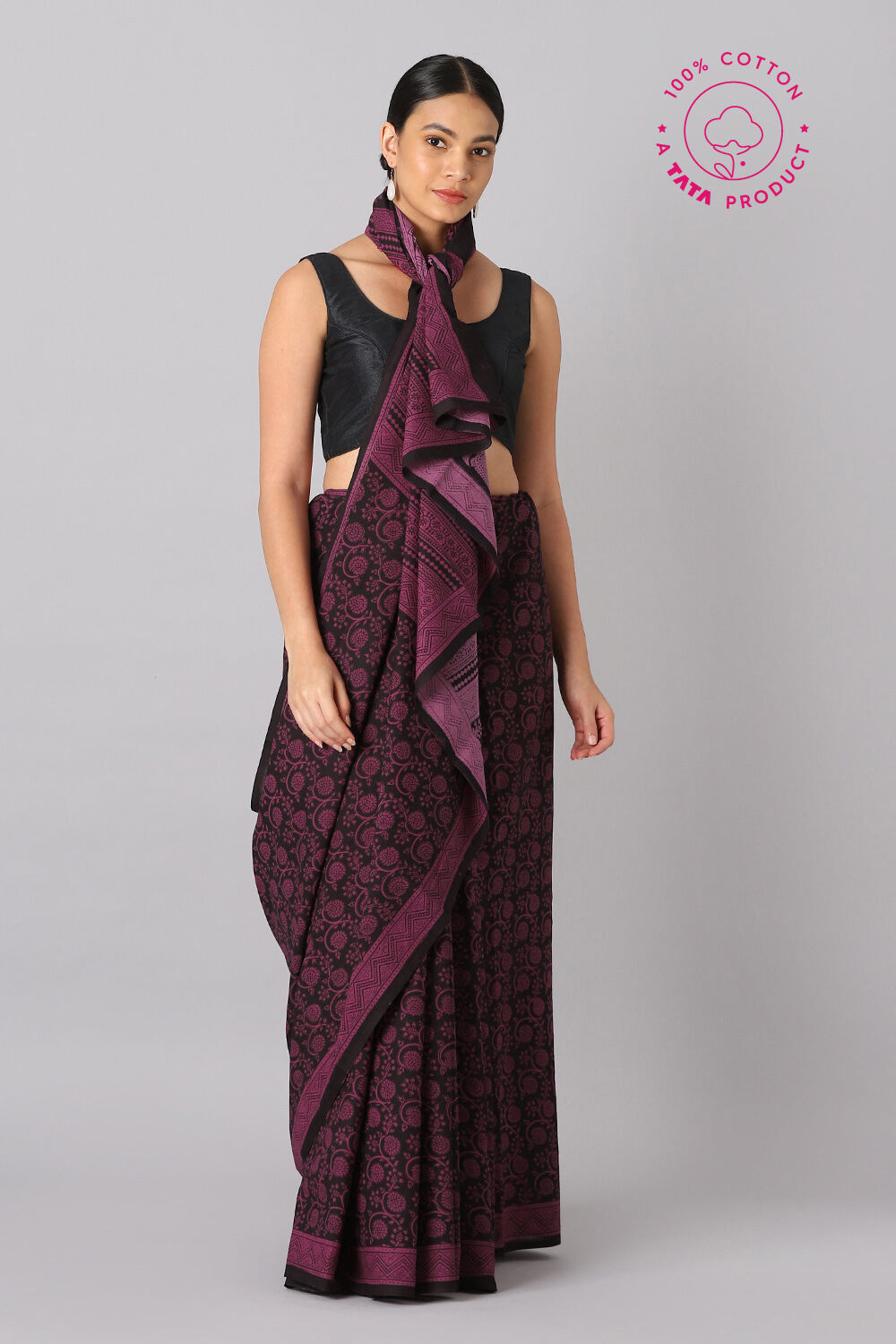 Black Pure and Violet Cotton Bagh Saree image number null
