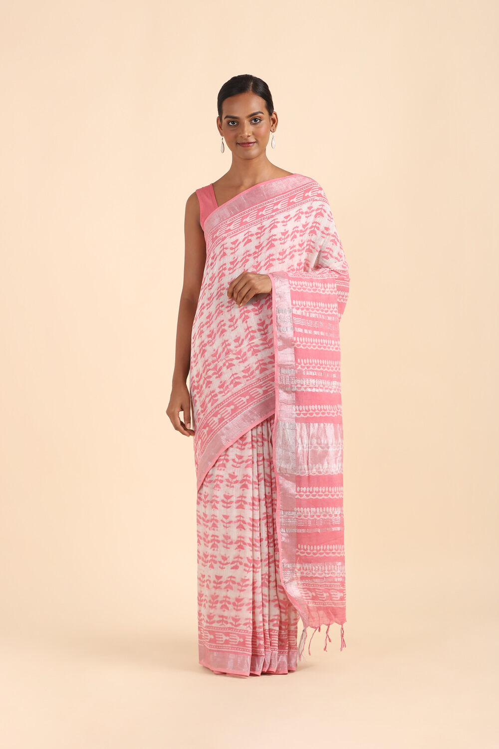 Light Pink Pure Cotton Linen Bagru Printed Saree image number null