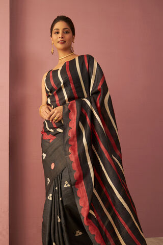Black Chattisgarh Pure Tussar Silk Hand Painted Saree thumbnail image number null