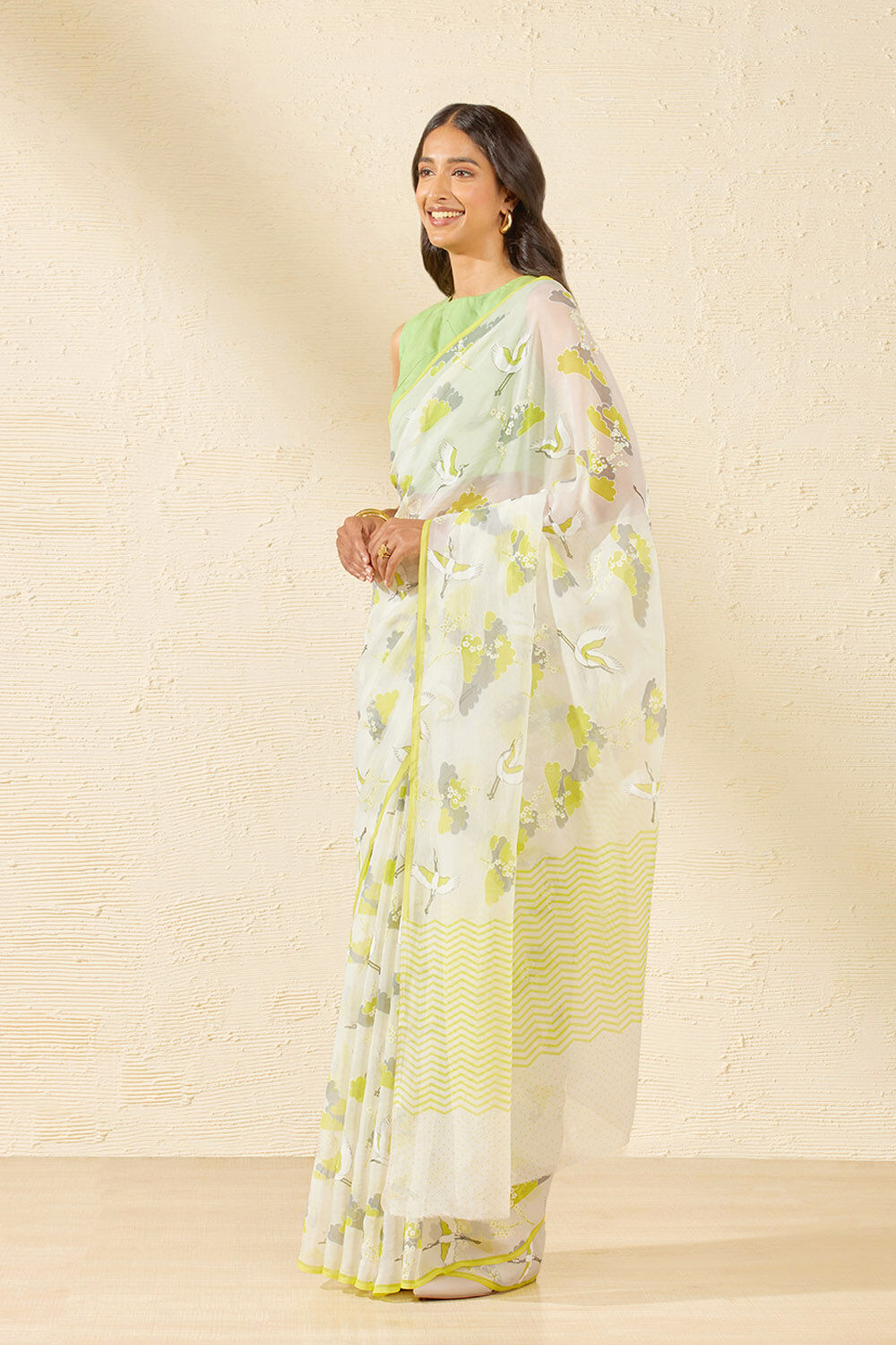 Off White Screen Printed Viscose Organza Saree image number null
