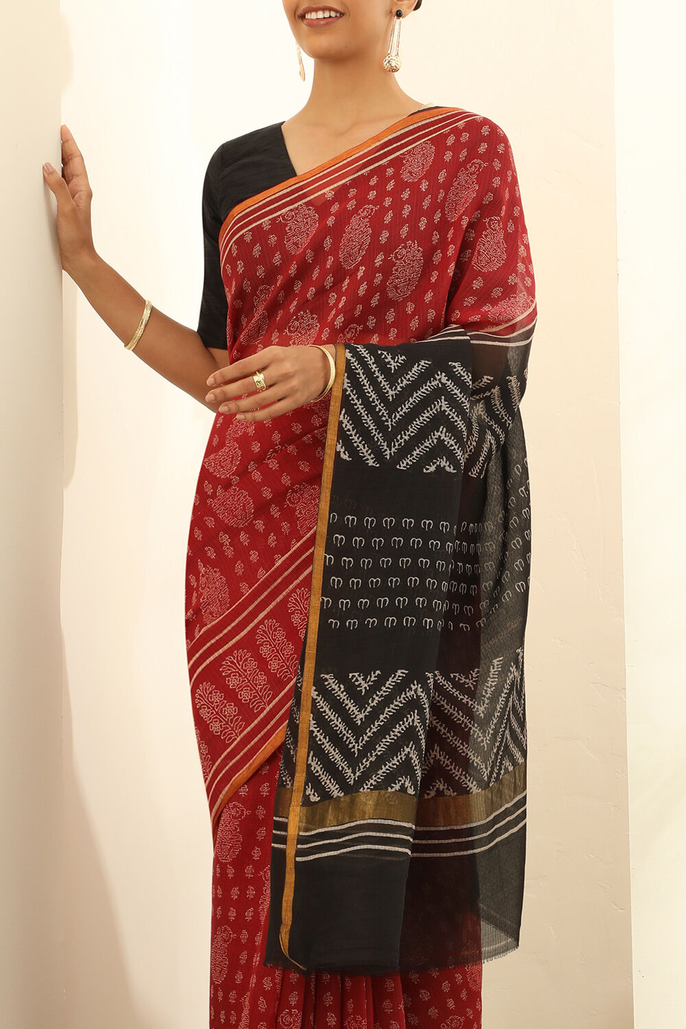 Red Pure Silk Kota Block Printed Saree image number null