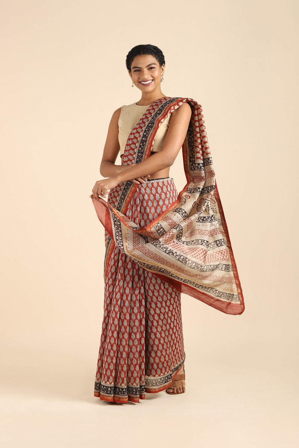 Red Pure Silk Cotton Bagru Printed Saree image number null