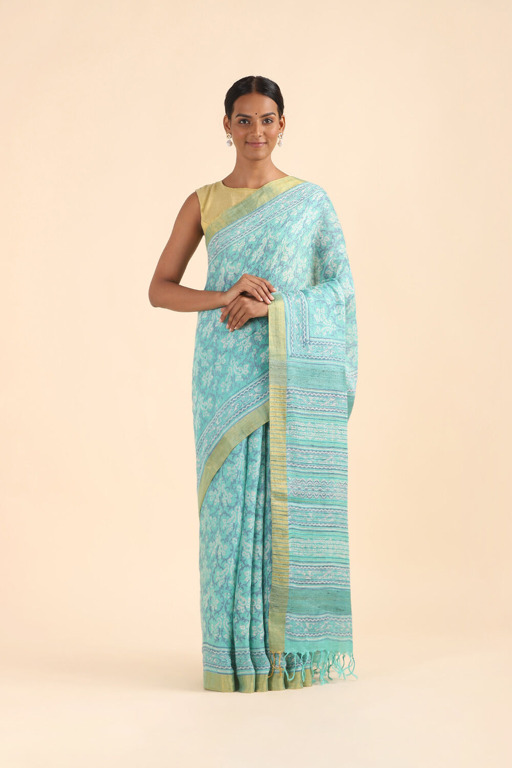 Blue Pure Linen Printed Saree image number null