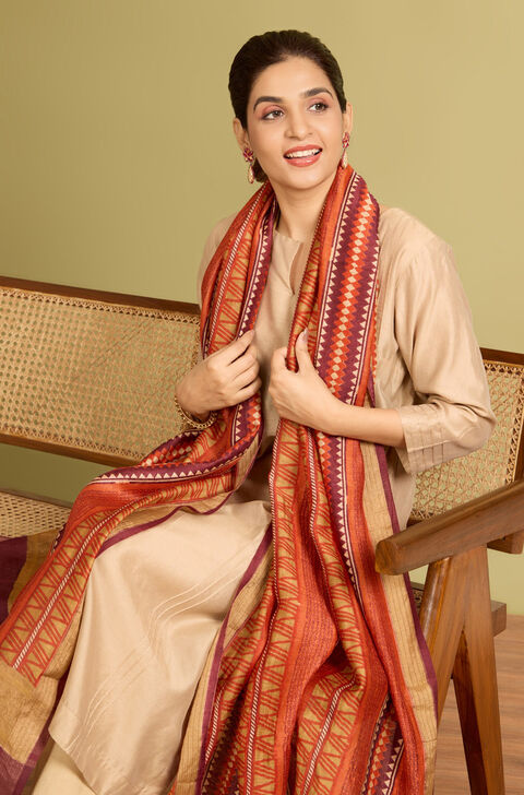 Orange Block Printed Silk Muga Dupatta