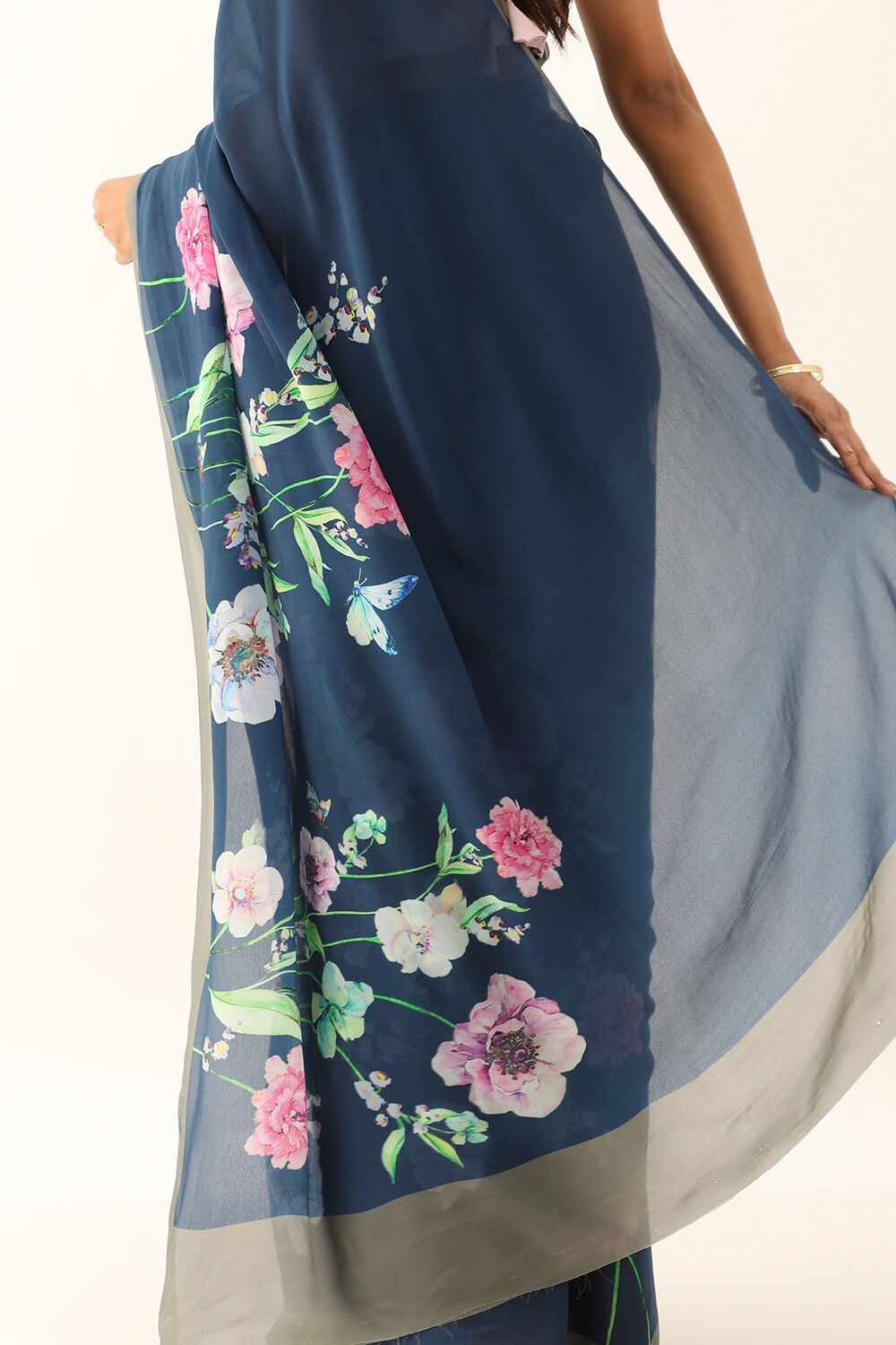 Blue Viscose Crepe Digital Print Saree image number null