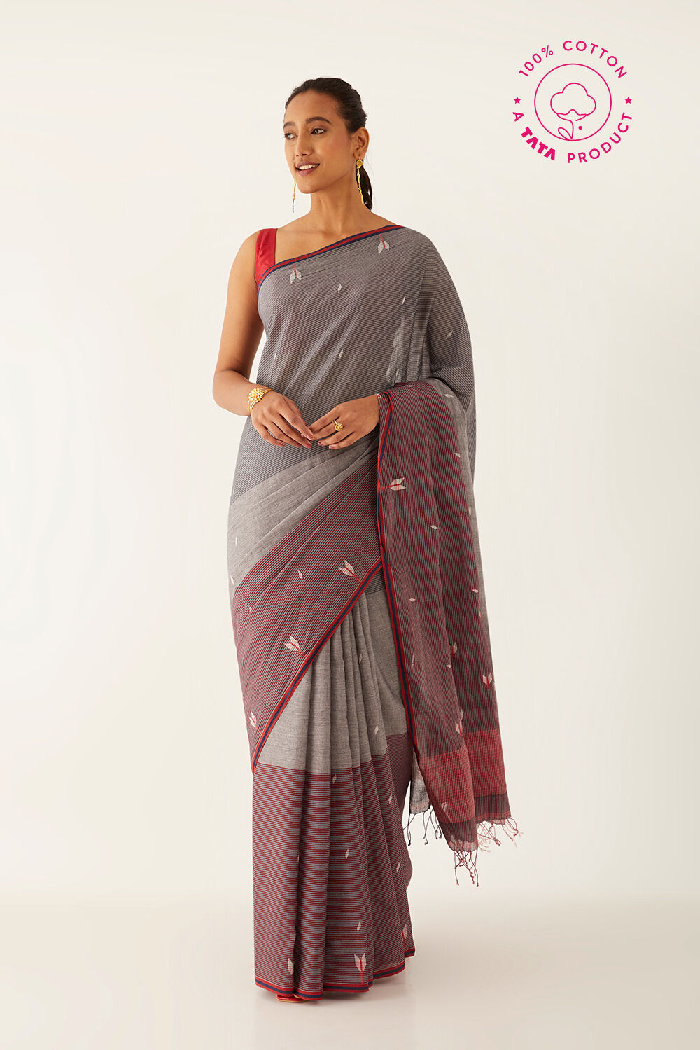 Grey Pure Cotton Jamdani Bengali Saree image number null