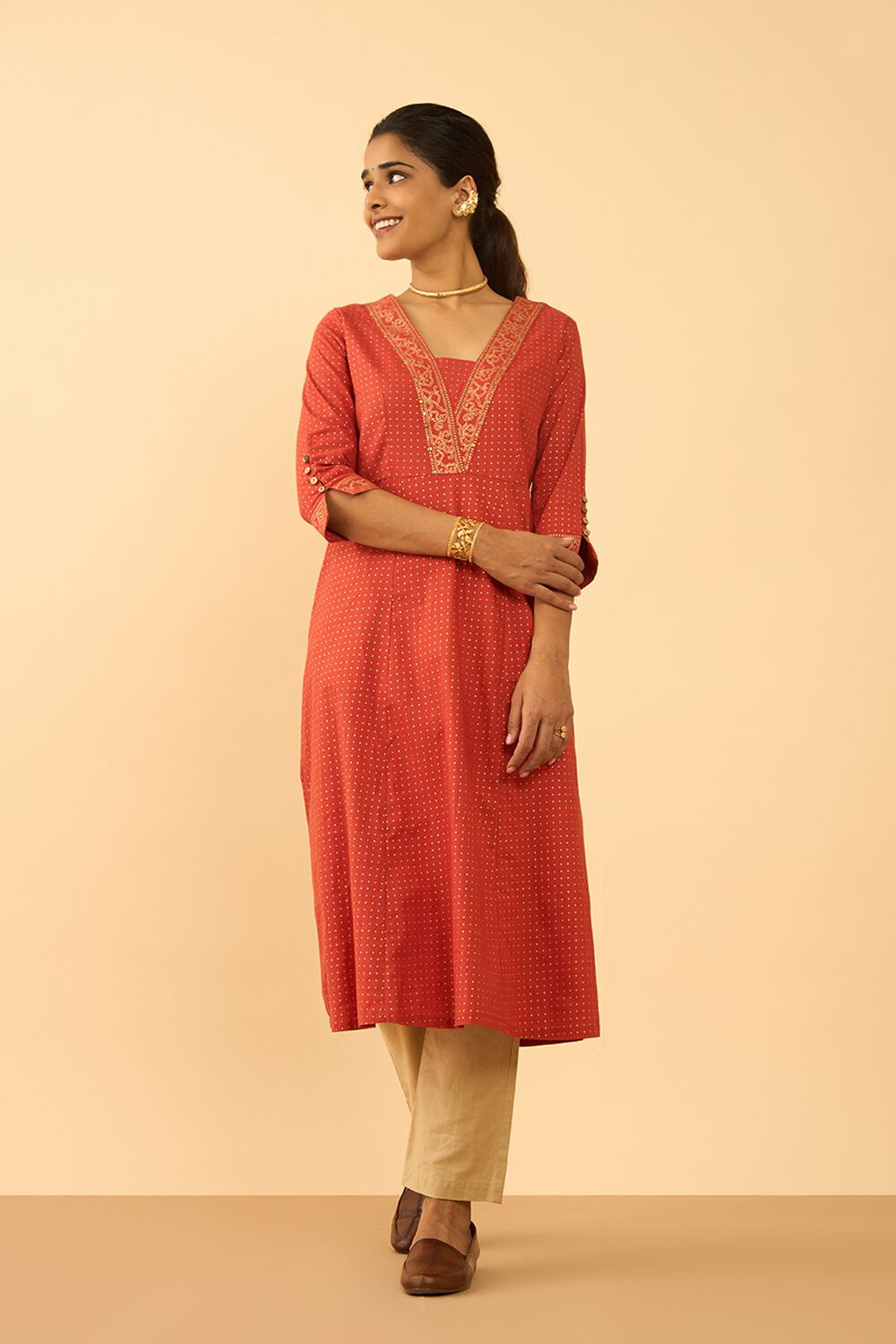 Dark Orange Screen Printed Pure Cotton Kurta image number null