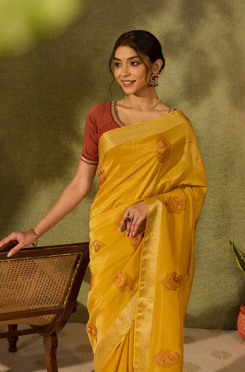 Yellow Viscose Tissue Embroidered Saree