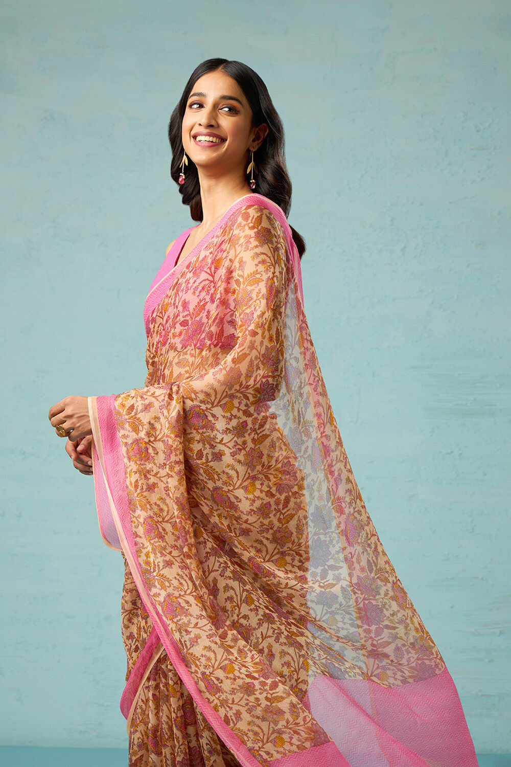Yellow Screen Printed Viscose Chiffon Saree image number null