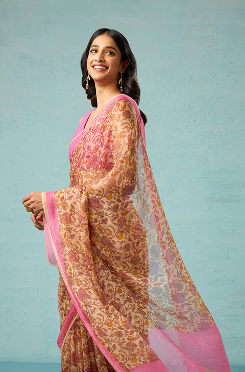 Yellow Screen Printed Viscose Chiffon Saree