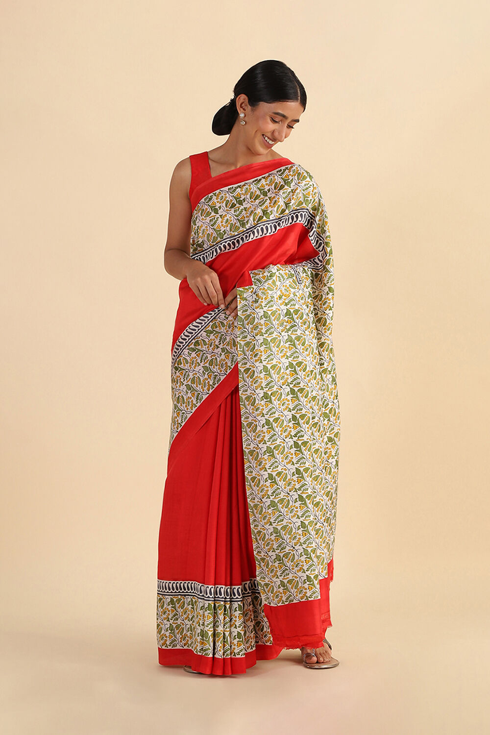 Red Hand Blockprinted Pure Silk Saree image number null