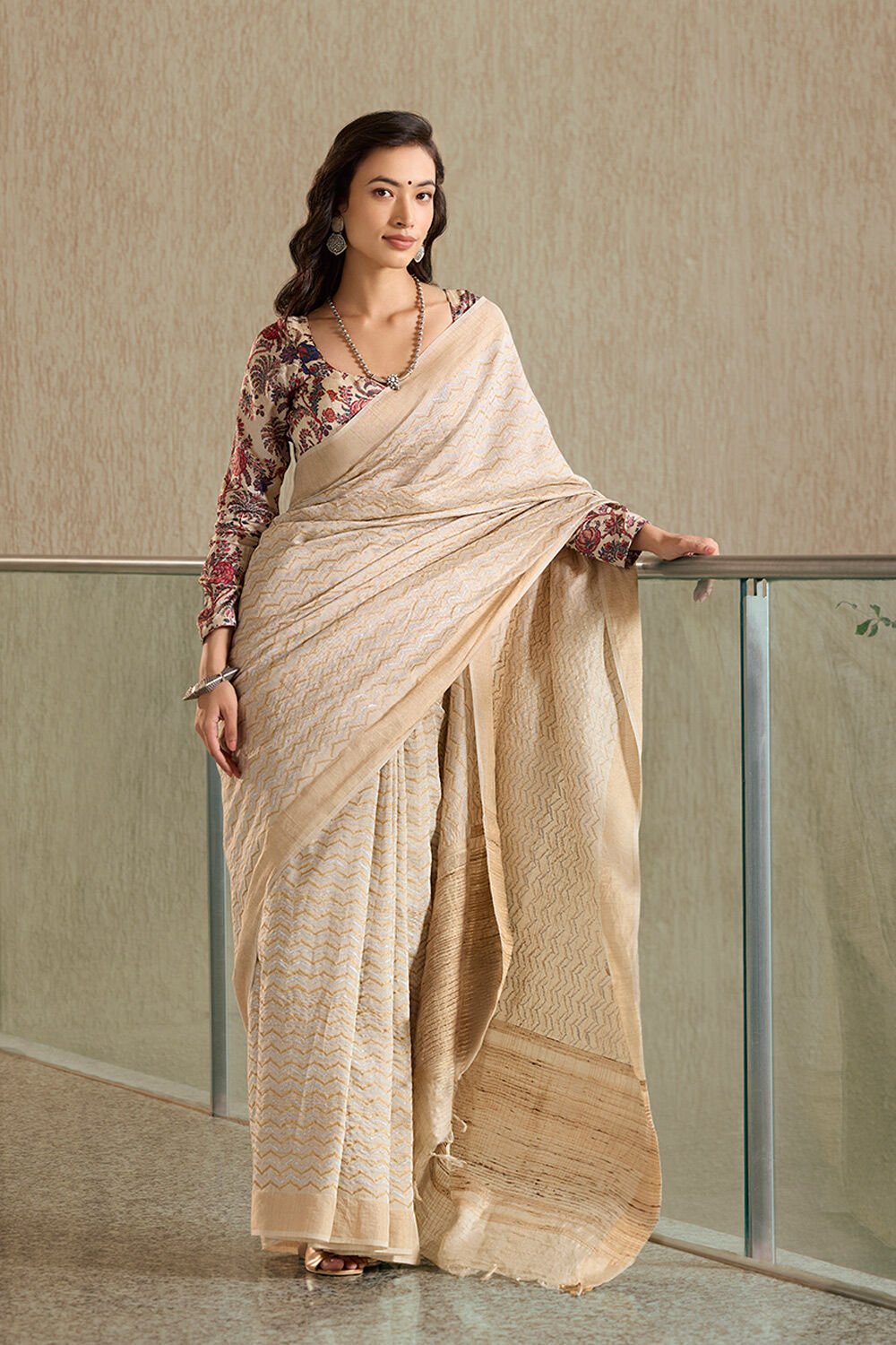 Off White Tussar Silk Block Print Saree Taneira Online Store