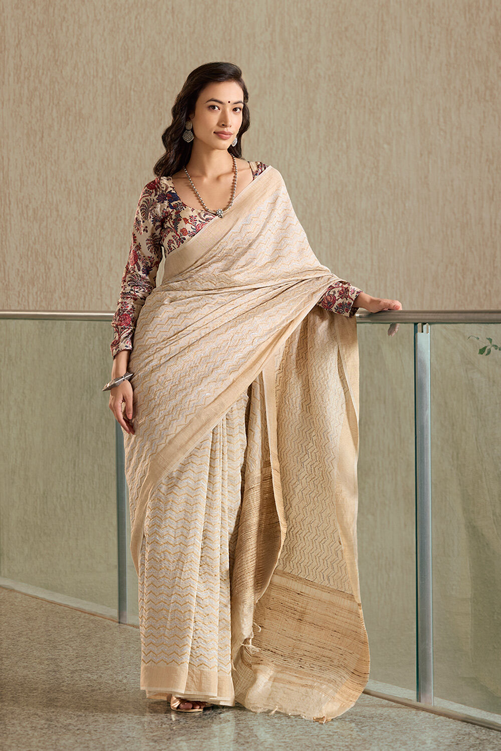 Off White Tussar Silk Block Print Saree image number null