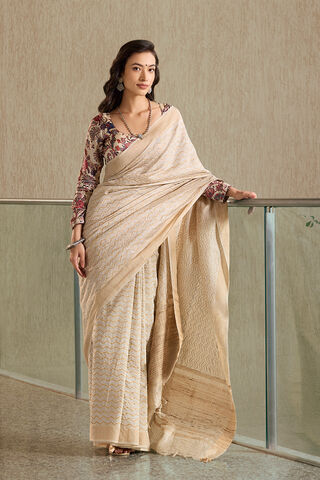 Off White Tussar Silk Block Print Saree image number