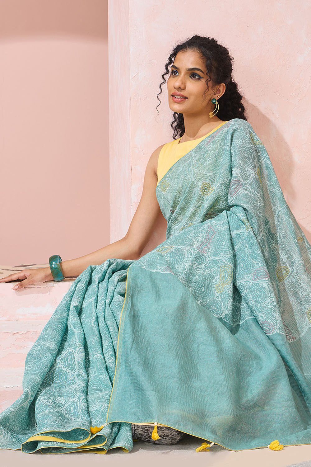Light Blue Block Printed Tissue Linen Saree image number null