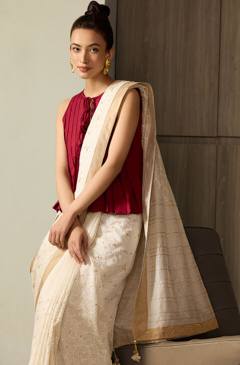 Off White Silk Cotton Embroidery Saree