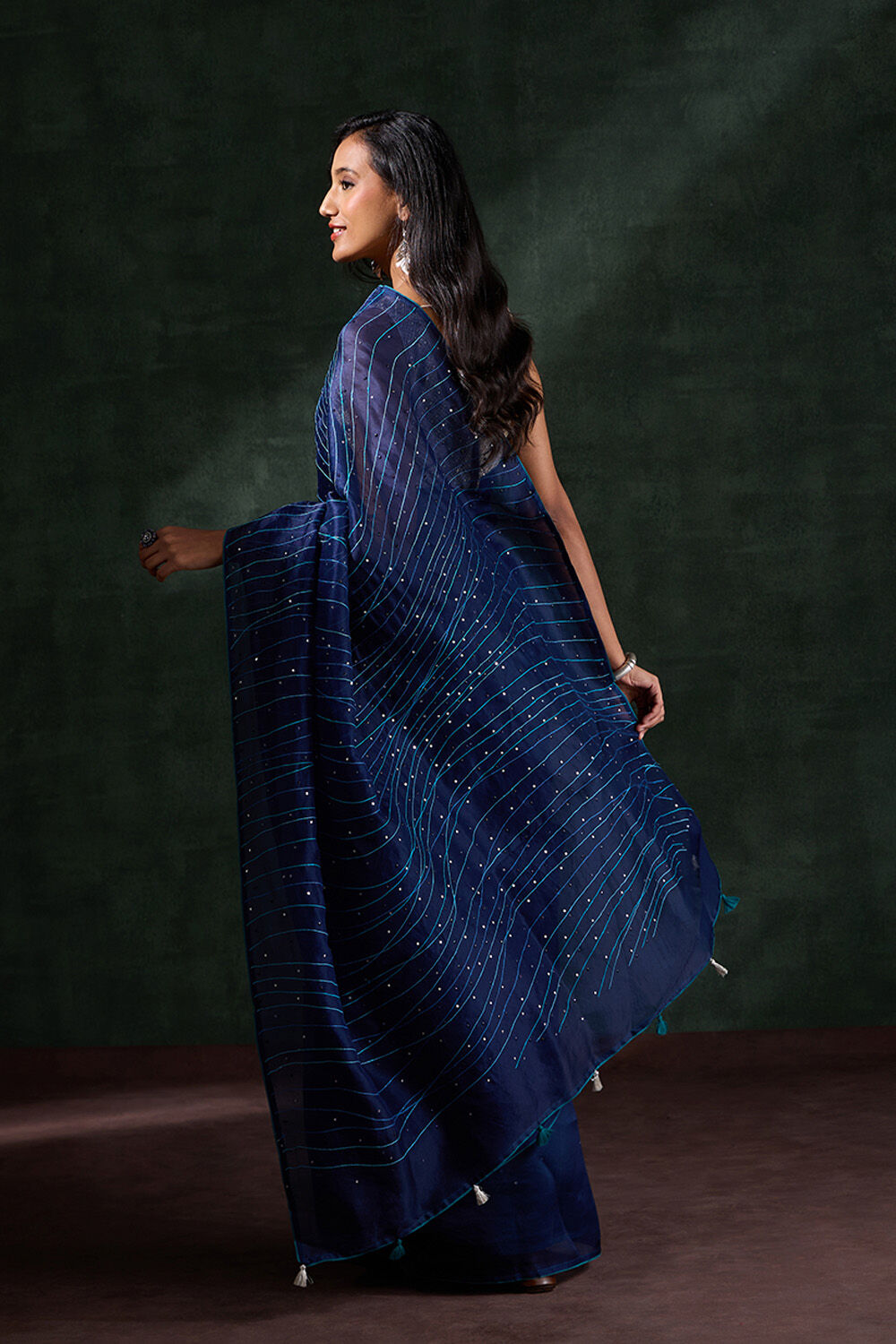 Dark Blue Pure Silk Organza Embroidery Saree image number null