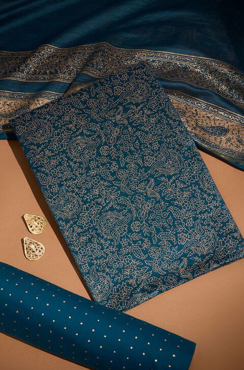 Dark Blue Pure Silk Cotton Block Printed Unstitched Suit Set