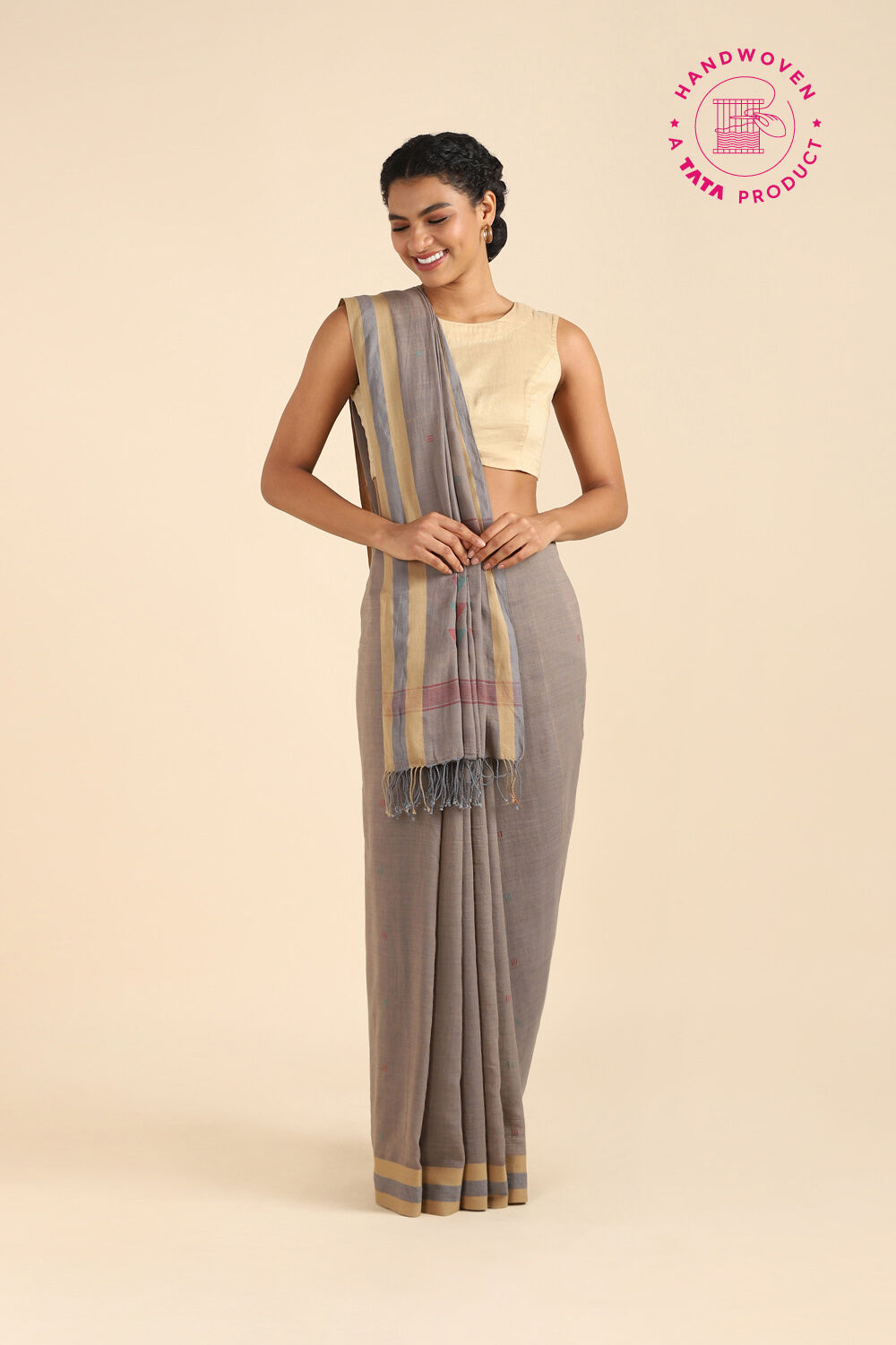 Grey Pure Khadi Cotton Jamdani Saree image number null
