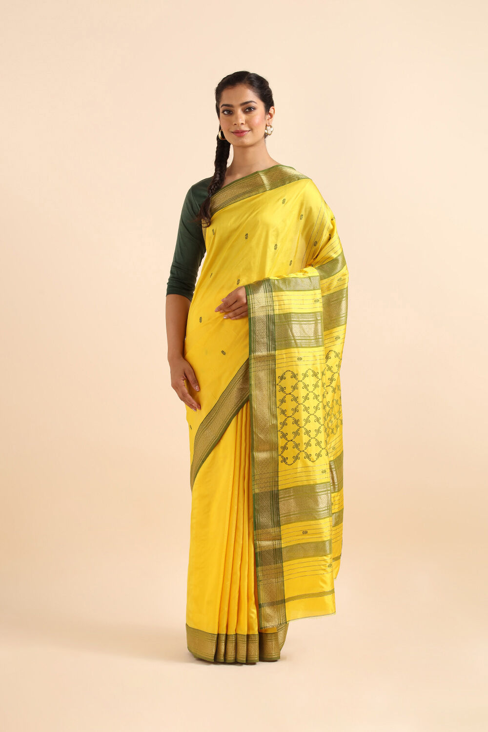 Yellow Pure Silk Maheswari Saree image number null