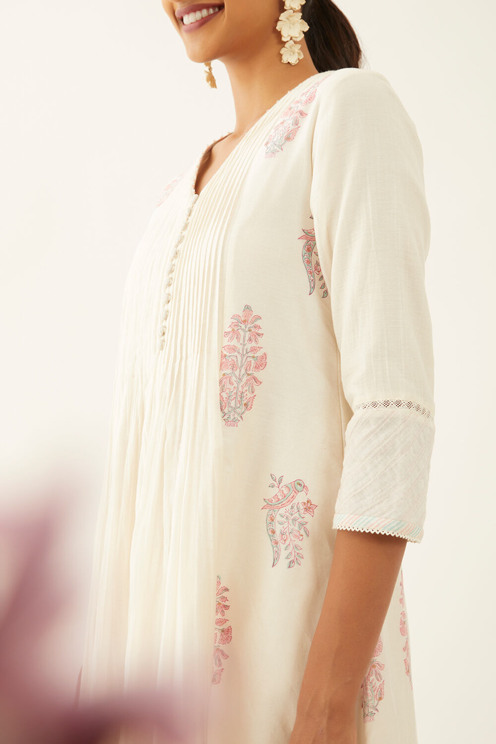 White Pure Silk Cotton Printed Sanganeri Kurta Set image number null