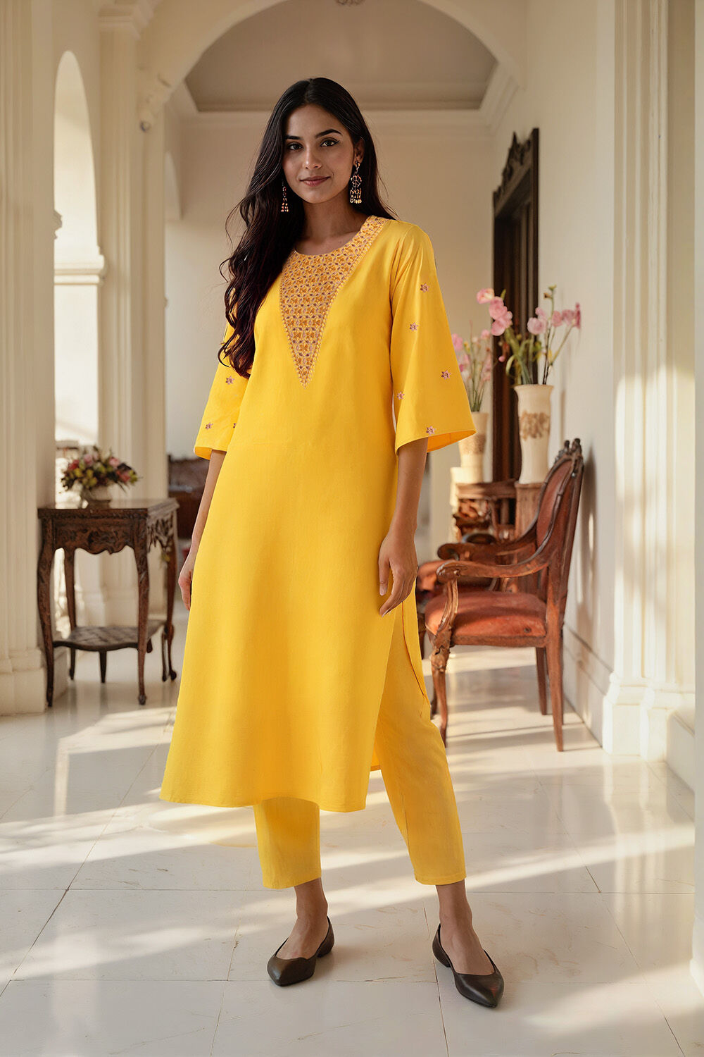Yellow Embroidery Viscose Cotton Kurta Set image number null