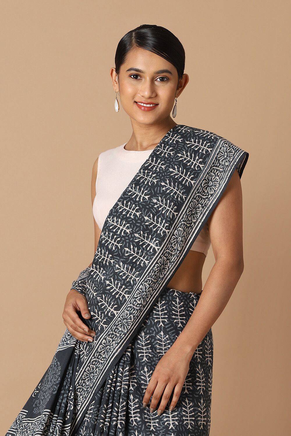 Black Pure Cotton Block Printed Saree image number null