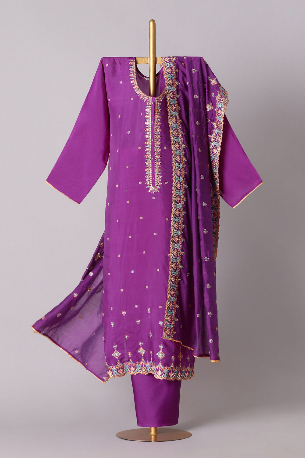 Violet Viscose Embroidered Semistitched Suit Set image number null