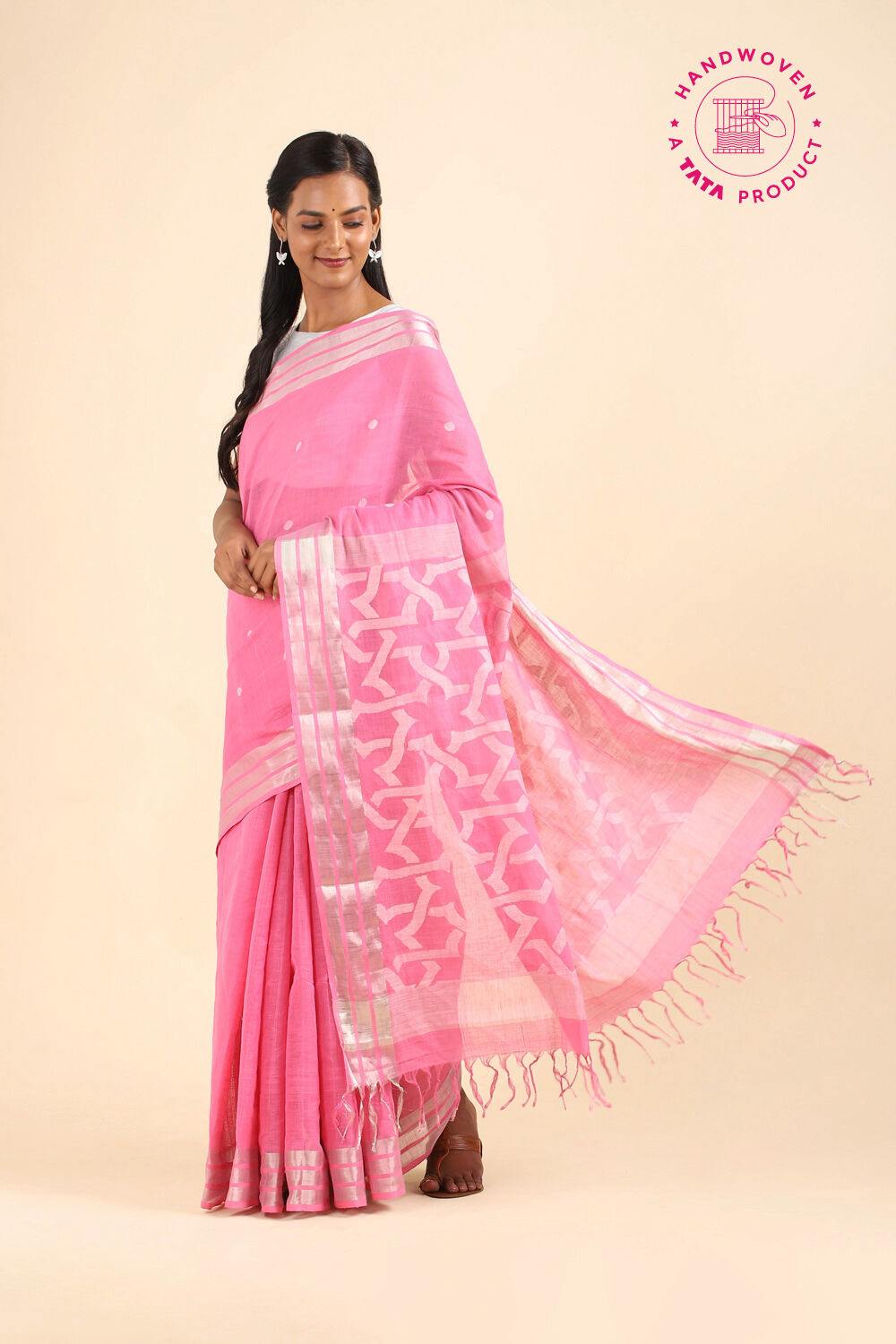 Light Pink Pure Khadi Cotton Ponduru Jamdani Saree image number null