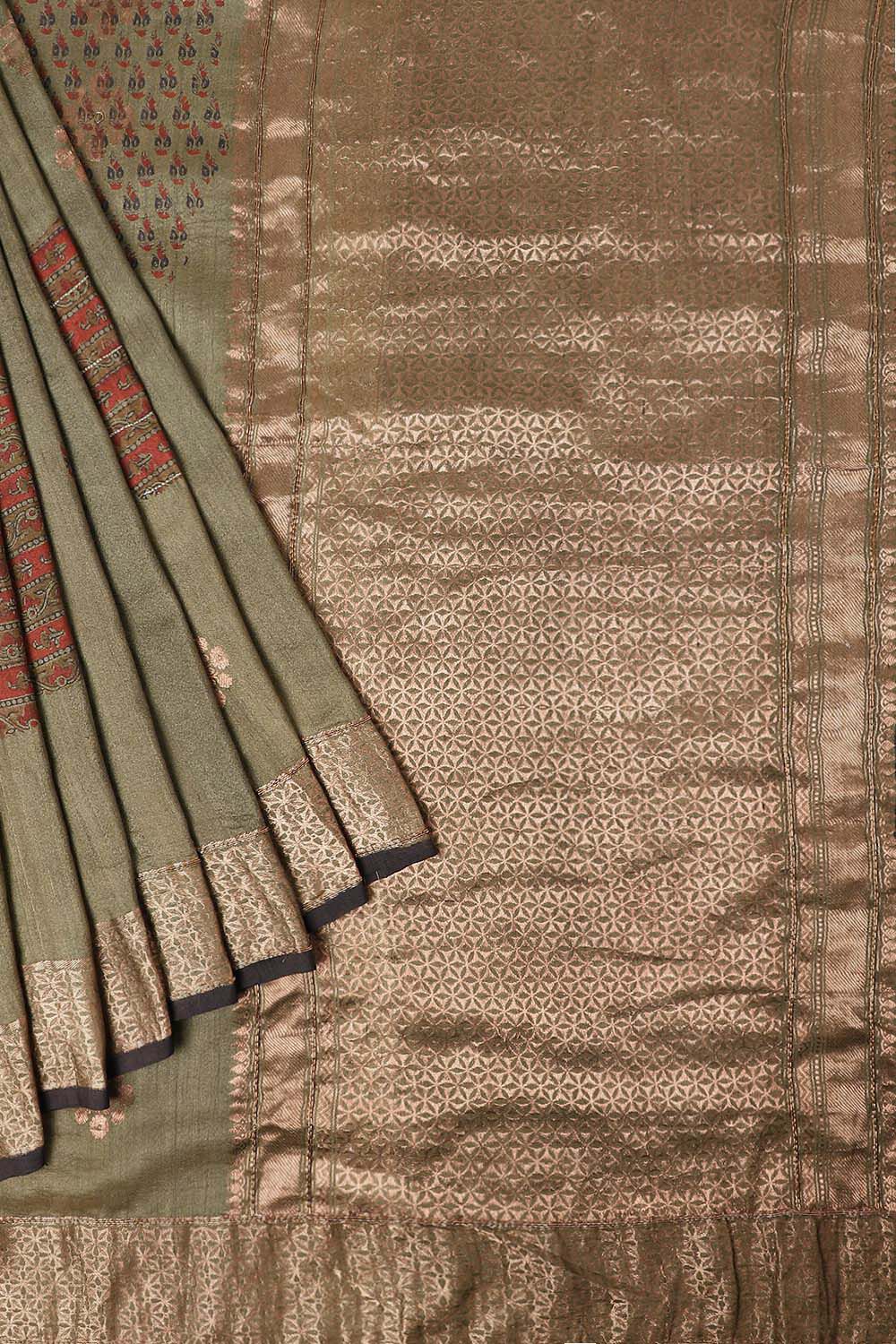 Grey Pure Silk Tussar Bagru Print and Zardosi Embroidered Saree image number null