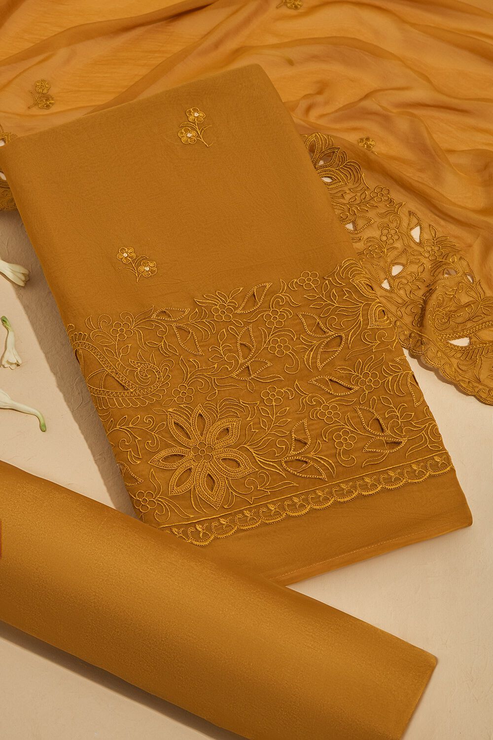 Dark Yellow Viscose Embroidered Unstitched Suit Set image number null