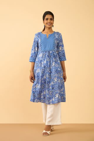 Blue Pure Cotton Printed Embroidered Kurta thumbnail image number null
