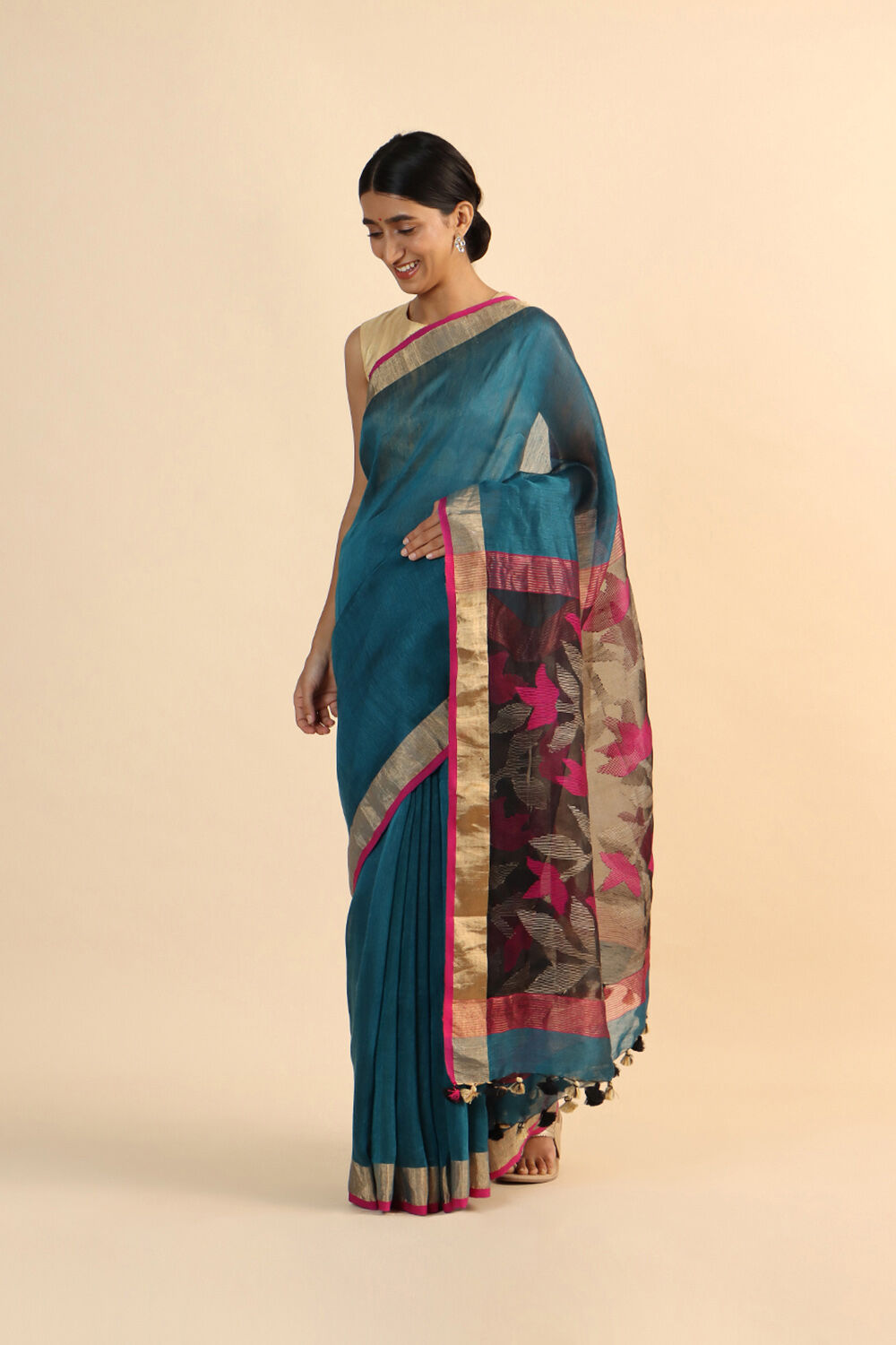 Light Blue Pure Silk Linen Jamdani Saree image number null