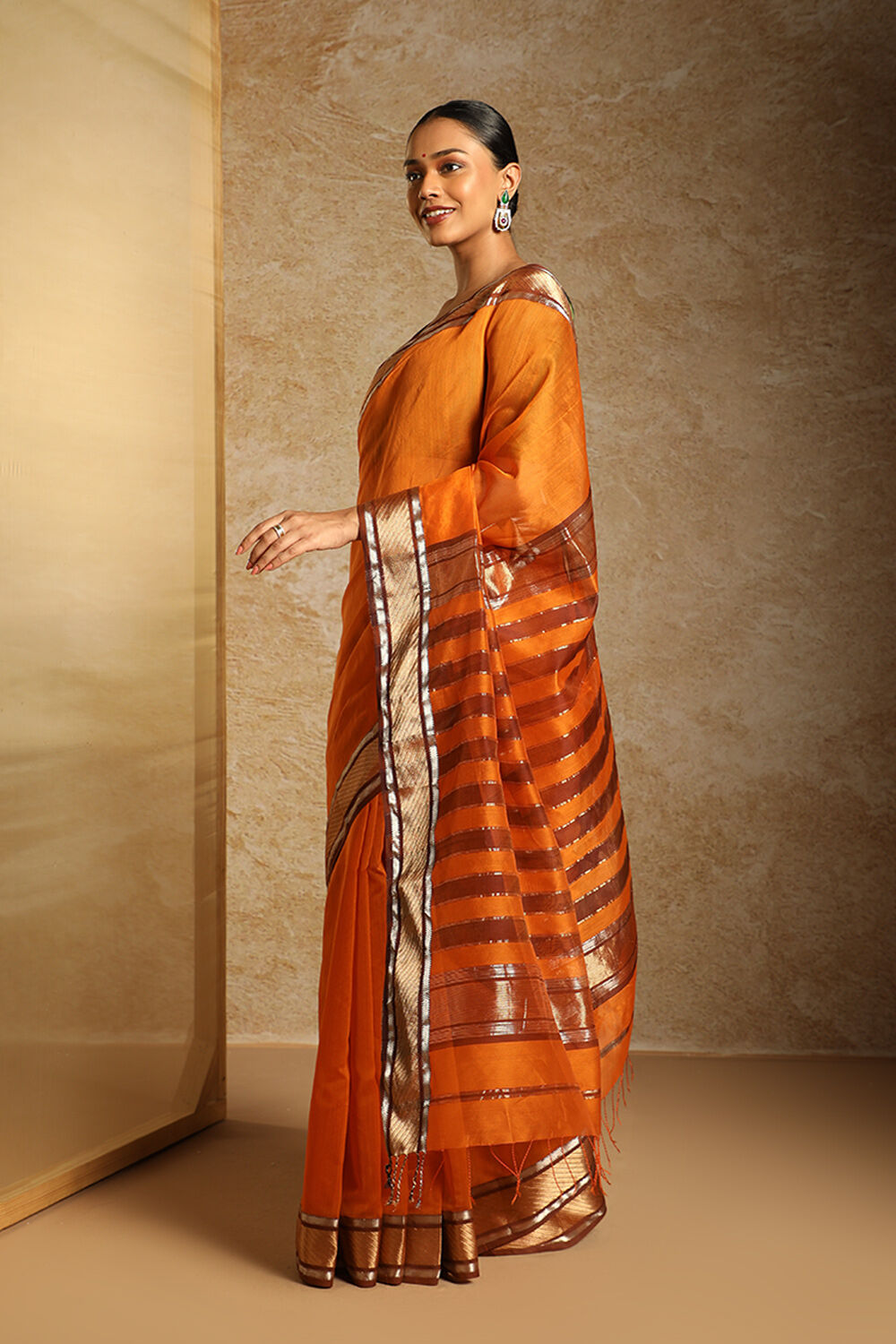 Orange Woven Pure Silk Cotton Maheshwari Saree image number null