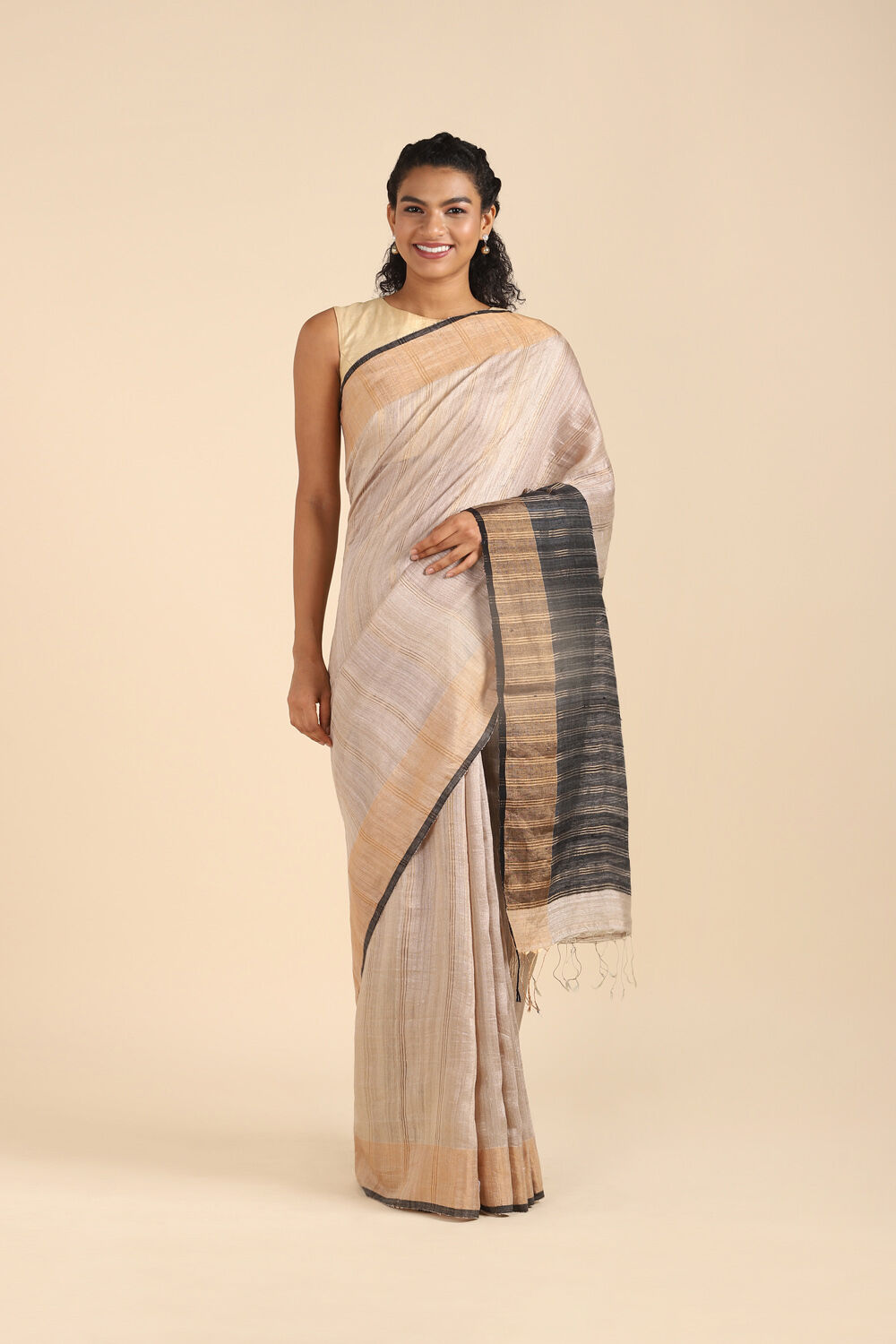 Beige Pure Silk Vanya Bengal Saree image number null