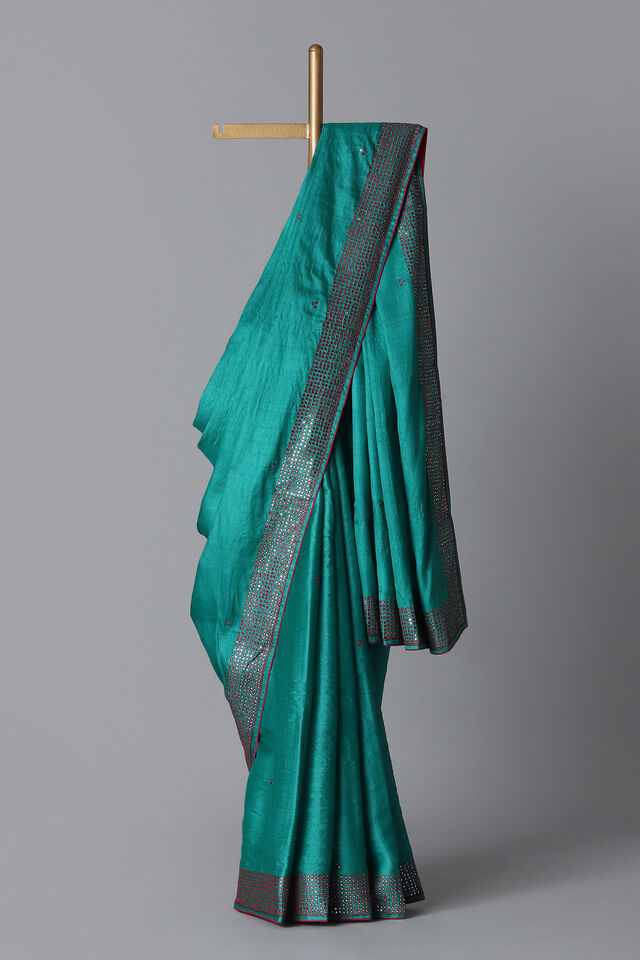 Green Pure Tussar Silk Embroidered Saree