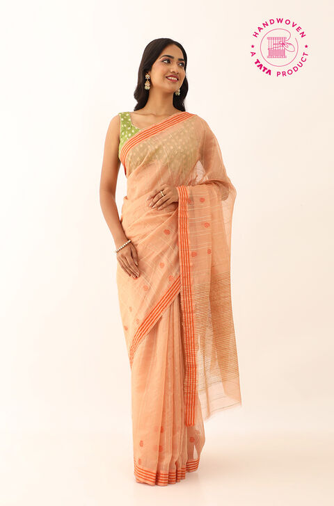 Light Orange Pure Silk Cotton Woven Chanderi Saree